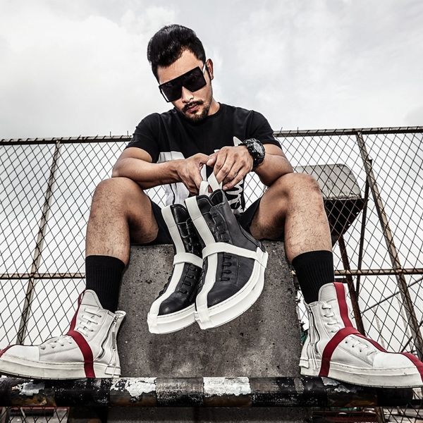 

high street personality panelled high help boots autumn new genuine leather round toe zip thick bottom mens sneaker boots, Black