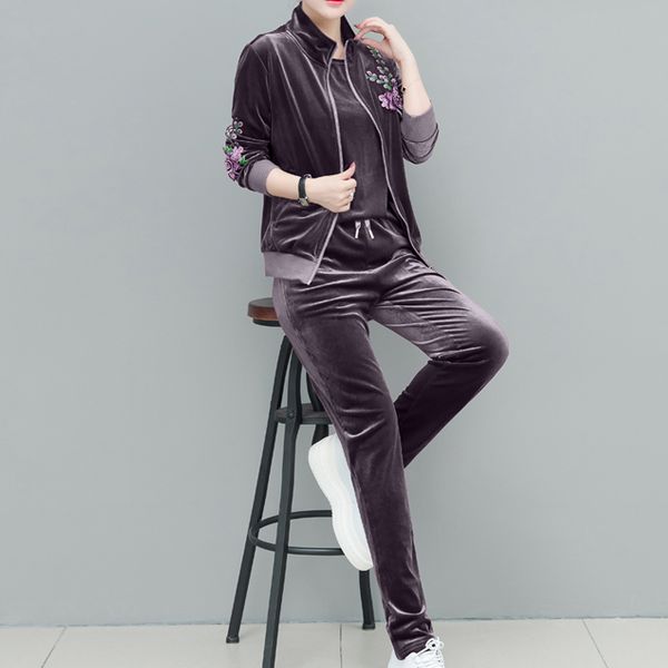 

purple tracksuits women velvet 3 piece set 2020 autumn winter outfits pants suits coat warm plus size 4xl 5xl da78, Gray