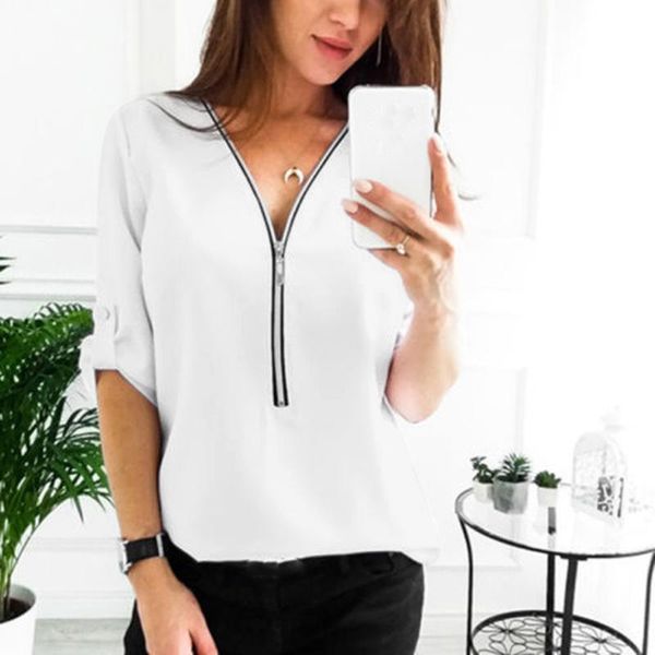 

women's blouses & shirts 2021 summer zipper women short sleeve clothing vest solid v-neck loose chiffon blusas mujer, White
