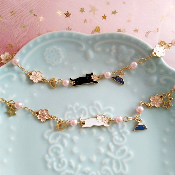 

japanese style fashion girl's funny cute cat bracelets pearls charm drop oil mount fuji flower bracelets for female kids girls, Golden;silver