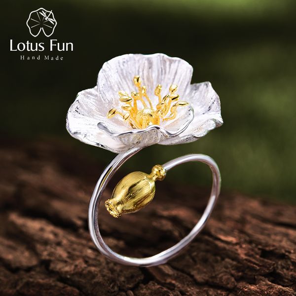 

lotus fun real 925 sterling silver adjustable ring handmade designer fine jewelry blooming poppies flower rings for women bijoux, Slivery;golden