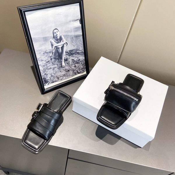 

niche shoes women 2020 summer new european and american square head flat wallet semi-trailer wild metal decorative female sandals and slippe, Black