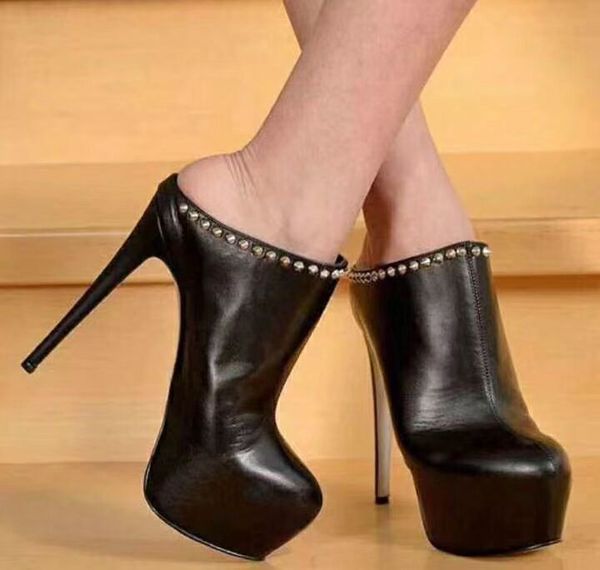

ladies super platform thin high heel woman pumps rivets studded black leather slingbacks club stage party shoes