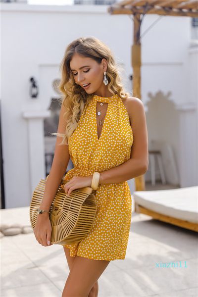 

fashion women's jumpsuit summer new design women's hanging neck polka dot women's jumpsuit size s-xl, Black;white