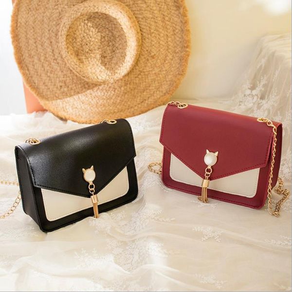 

ladies korean version of the contrast color shoulder tassel small square bag fashion new cat crossbody bag