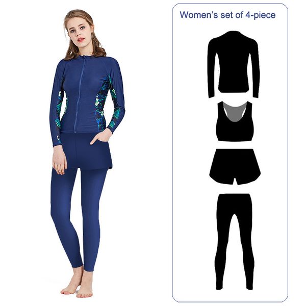 

4-piece women's upf 50+swim shirt leggings rashguard long sleeve zip up navy blue full body sun swimwear swimsuit surfing suits
