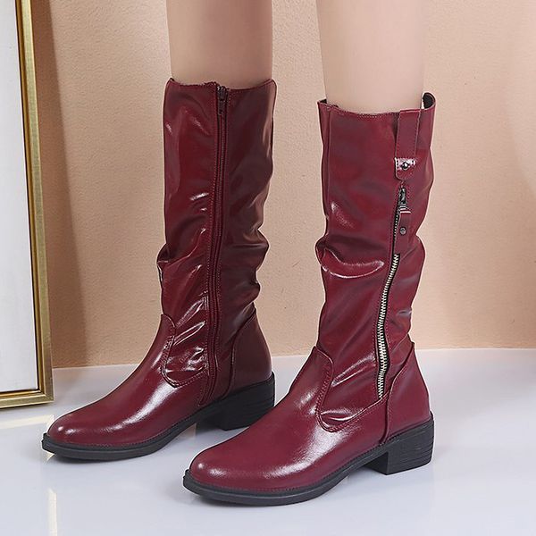 

woman boots pu leather boots women waterproof rubber for women mid-calf knight warm platform shoes, Black