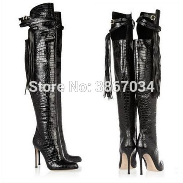 

shooegle fashion runway fringes embossed thigh high boots pointed toe buckle strap high heels alligator tassel over-knee boots, Black