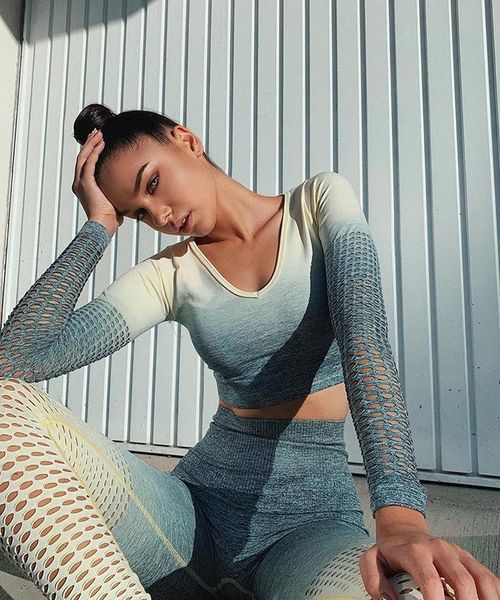 

autumn seamless designer yoga suit fitness clothing long sleeve sportswear womens tracksuit leggings pants sports 2 piece set gym wear, Gray