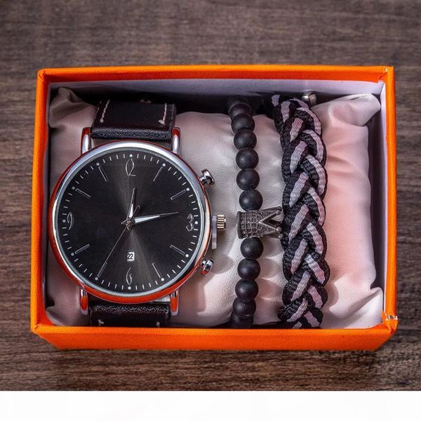 

new brand quartz wristwatch men's quartz bracelet watches set black business sport strap watch gift set for men with clock box, Slivery;brown