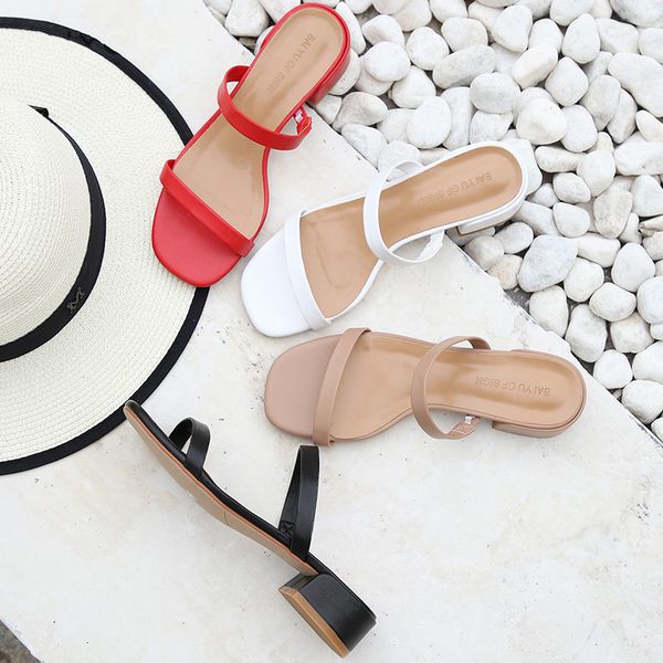 

3.5cm square high heels slippers women 2020 summer slide sandals shoes narrow band casual pumps elegant lady work footwear, Black