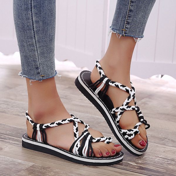 

women's new summer flat open toe platform sandals casual roman sandals rope muzzle beach shoes 2020, Black