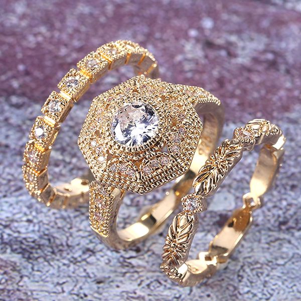 

juanrain brand trendy luxury 3 pc bridal ring sets noble royal golden color with cubic zircon stone factory wholesale women midi ring, Silver