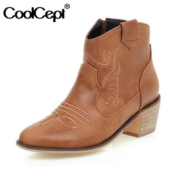 

coolcept plus size 33-46 woman ankle boots embroidery solid color round toe thick heels shoes autumn winter daily women footwear, Black