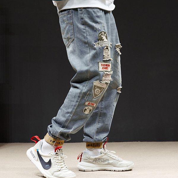 

ripped jeans korea men stretchy skinny biker thin print jeans destroyed hole taped slim fit denim pants new, Blue