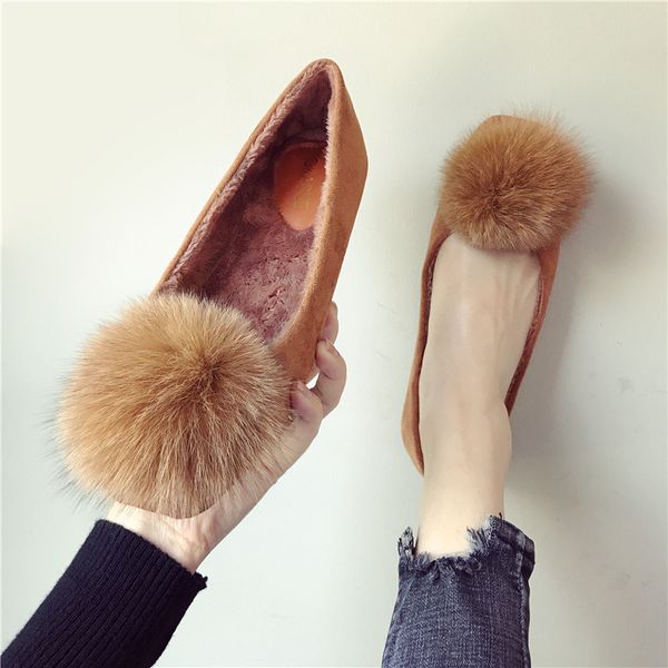 

new brand designer fur ball winter shoes woman round toe flock loafer with warm plush furry pompon ballet flats women mules 545, Black