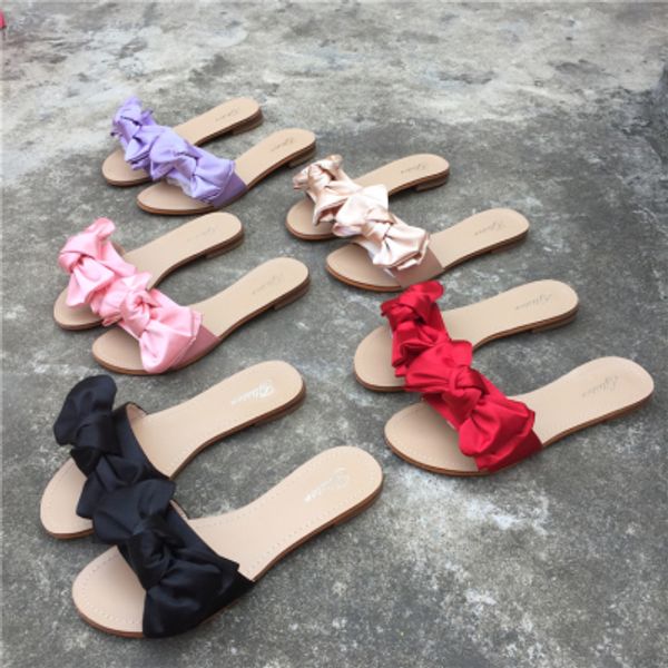 

satin bow low-heeled slippers indoor and outdoor flat sandals, Black