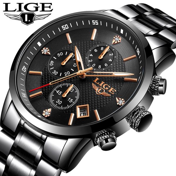 

lige new watch men fashion sports quartz clock mens watches full steel business waterproof watch relogio masculino, Slivery;brown