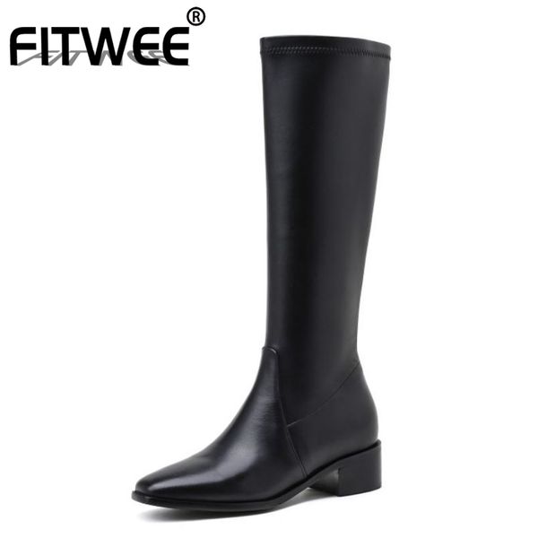 

fitwee new fashion mid calf boots zipper thick heel ridding boots solid color ladies footwear new fashion size 34-39, Black
