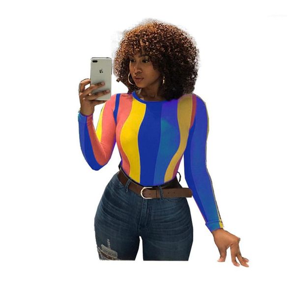 

long sleeve crew neck t-shirts new womens designer t-shirts fashion striped pattern panelled color tees casual, White