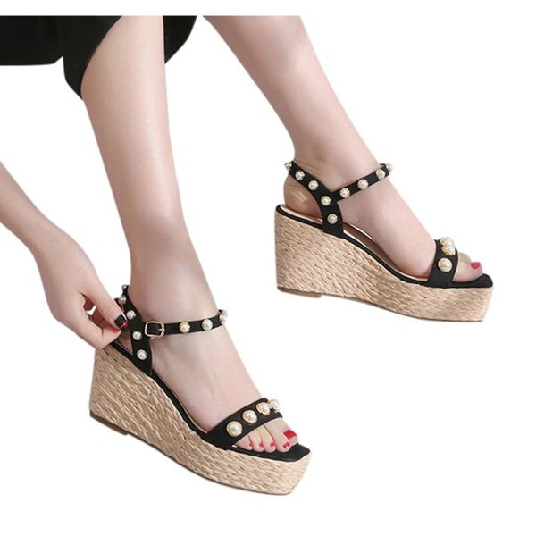 

для женщин сандалии 2020 мода open toe клинья толстым дном строка из бисера пляжная обувь римские сандалии гладиаторов пряжка ремень обувь, Black