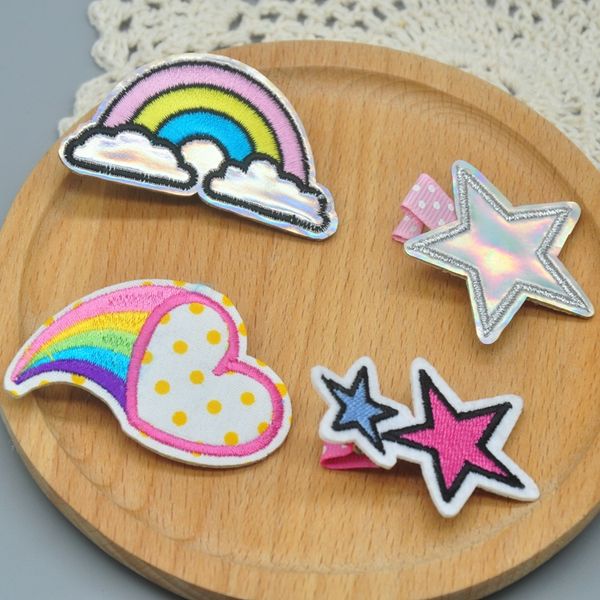 

20pcs fashion embroidery rainbow love heart hairpins solid cute glossy laser star hair clips princess boutique hair accessories, Slivery;white