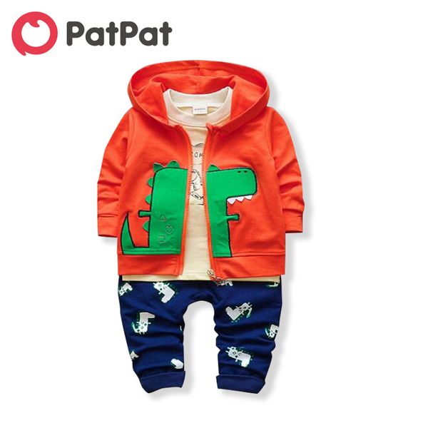 

patpat 2020 новый весной и осенью 3-х частей детские / toddler прекрасный дино печати с капюшоном пальто и длинными рукавами тройник с брюка, White