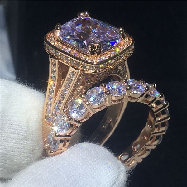 

Luxury Lovers ring set 8ct Clear Diamond Cz Rose Gold Filled 925 silver wedding band rings for women Men Party Jewelry