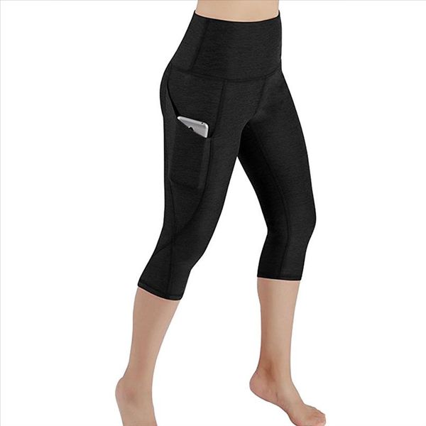 

gym leggings women cropped high waist workout cell phone pocket leggings sport women fitness running athletic trousers 20, Black