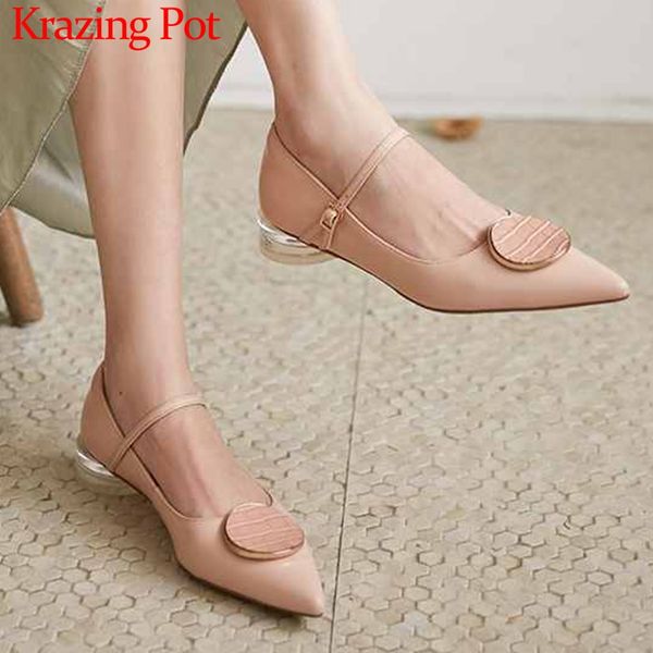 

krazing pot genuine leather sweet mary janes shoes pointed toe med heel metal decorations buckle straps women dating pumps l15, Black