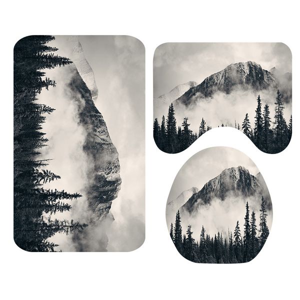 

4pcs mountain landscape digital printed washable shower curtain set toilet cover