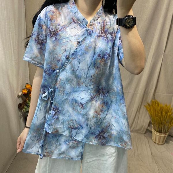 

women's blouses & shirts women summer loose printed blouse female 2021 print stand collar shirt ladies vintage, White