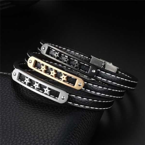 

punk genuine leather bracelet for women men fashion stainless steel stars charm thin bracelets charm bijoux, Golden;silver