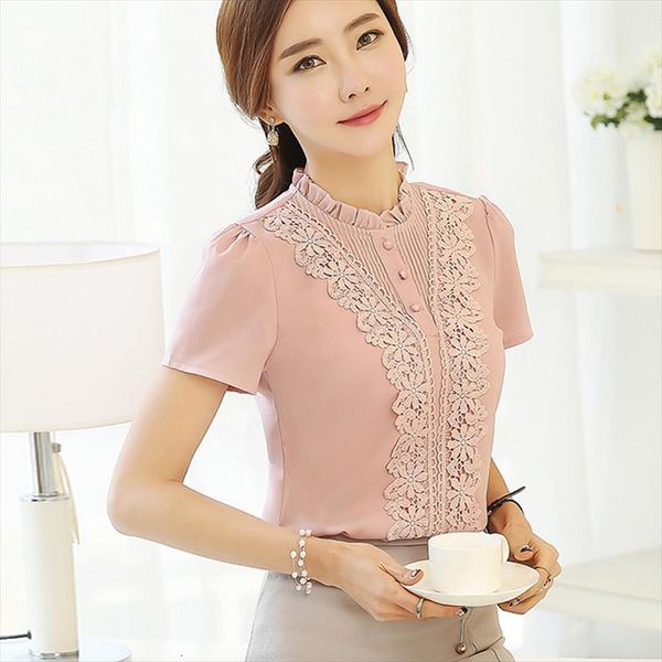

2020 fashion sweet womens clothing short sleeve pink chiffon women shirts blouses sweet ruffled neck womens blusas 37f 30, White