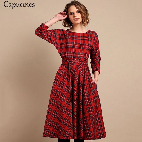 

classic england style red plaid dress women autumn 3/4 sleeves o-neck sashes a-line casual dress vintage midi party dresses, Black;gray