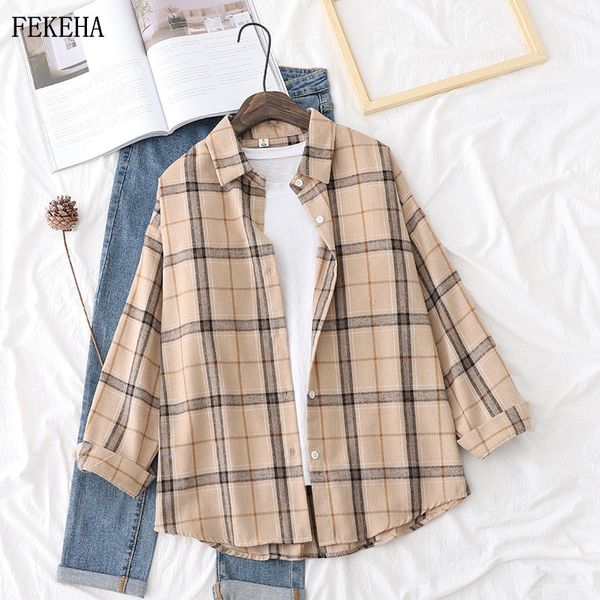

plaid shirts womens autumn blouses long sleeve lady checked loose female outwear casual clothes, White
