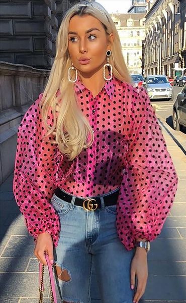 

женщины perspective мундир блузки топы фонариков рукавом полька dot повседневный дряблая see through блузка clubwear streetwear новая мода, White