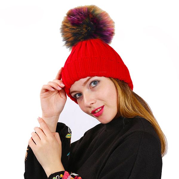 

Women Warm Pom Pom Hats Thick Fleece Lined Colorful Faux Fuzzy Fur Rainbow Winter Hat for Men Ladies Kids Cable Knitted Cap Canada
