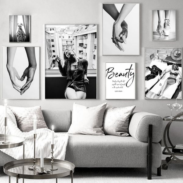 

black white fashion girl hand dog quotes wall art canvas painting nordic posters and prints wall pictures for living room decor