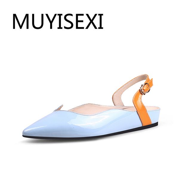 

босоножки плоской натуральная кожи 2.5cm сандалия острого носа бокль ремни офис случайная уютная повседневная одежда леди обувь hl214 muyise, Black