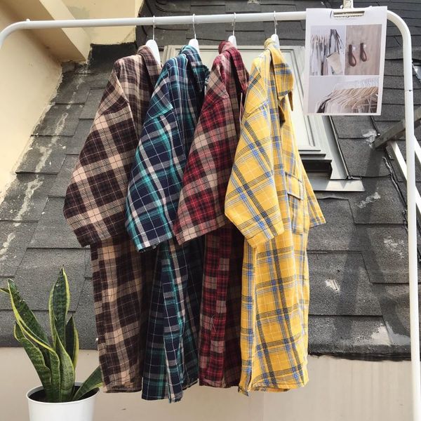 

summer new plaid shirt men fashion retro casual shirt man streetwear trend wild loose short-sleeved male clothes -2xl, White;black