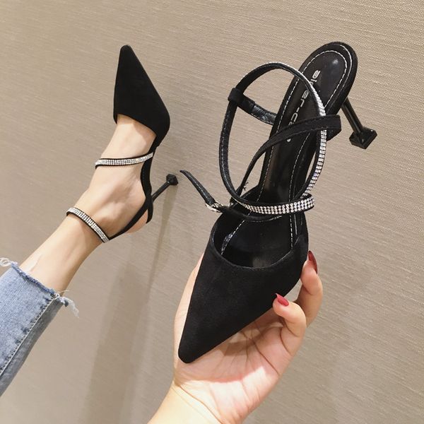 

7.5cm heel fashion spring summer women sandals bling crystal ankle strap pointed kitten pumps, Black