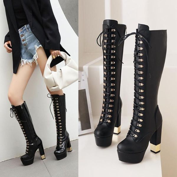

autumn winter high boots ladies riding boots women party shoes woman low square heels shoes lace up knee high, Black