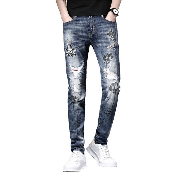 

men's jeans 2021 male chinese style brand embroidery hole beggar pants trend printing casual slim, Blue