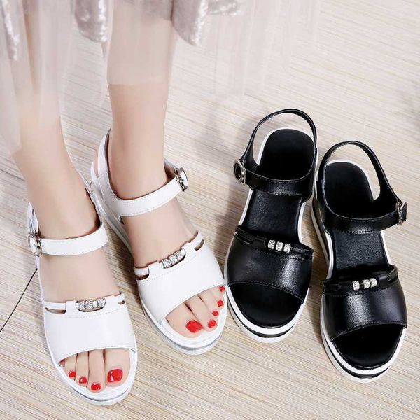 

weideng leather buckle thick soled women shoes fashion women sandals non slip shoes absorption leisure increase summer 5cm, Black