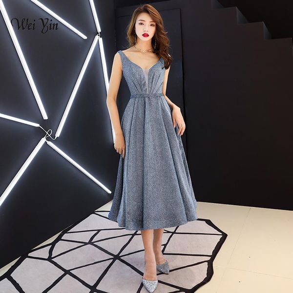 

weiyin new evening dress long 2019 v-neck women elegant satin a-line party gown wy1392, Black;gray