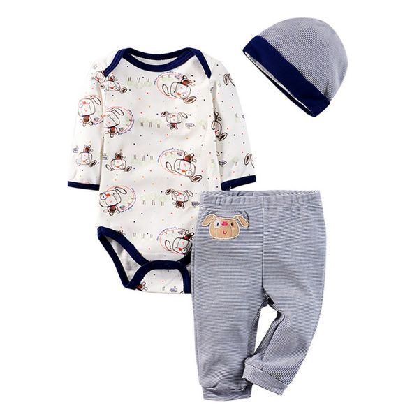 

3pcs sets newborn infant baby girls boy clothes autumn cotton bodysuit romper + pants + hat bibs spring toddler outfits, White
