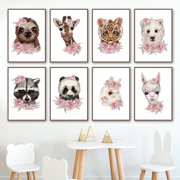 

llama tiger sloth panda polar bear flower wall art canvas painting nordic posters and prints wall pictures baby kids room decor