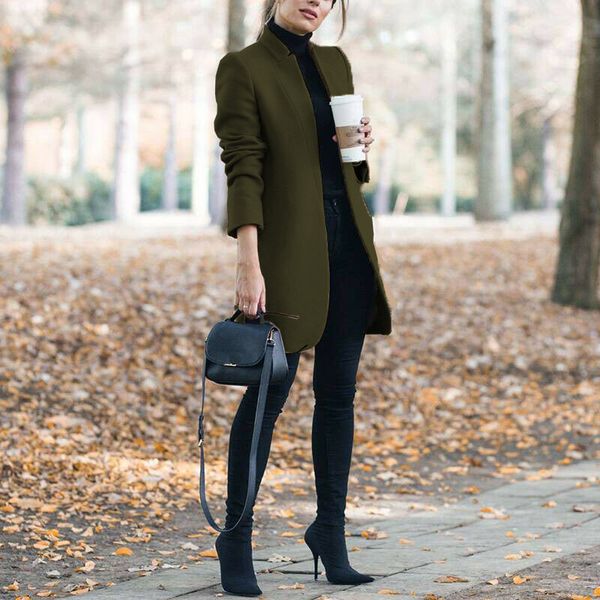 

women wool blend warm coats long coat thin lady slim fit lapel woolen overcoat autumn winter outerwear plus size s-5xl, Black