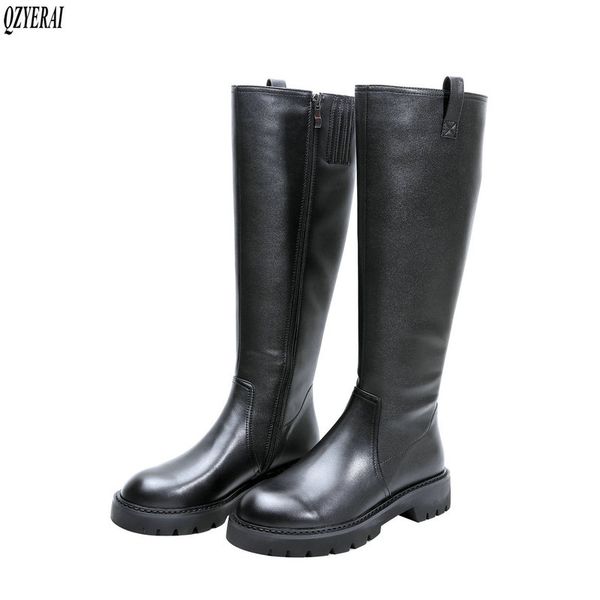 

2021 winter new style genuine leather knee high boots women boots motorcycle outdoor warm real cowhide women shoes, Black